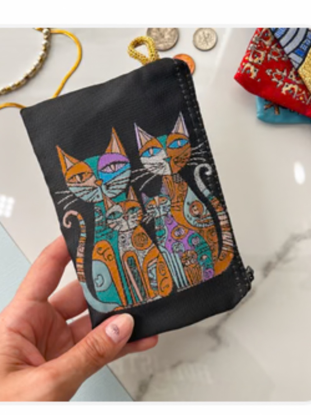 Stylish Black Cat Zipper Bag with Colorful Cat Art